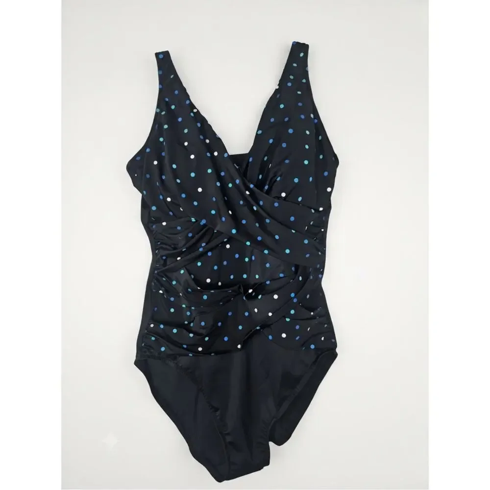 NEW no tags Miraclesuit 16 DreamShaper One Piece Black Blue Polka Dot Slimming